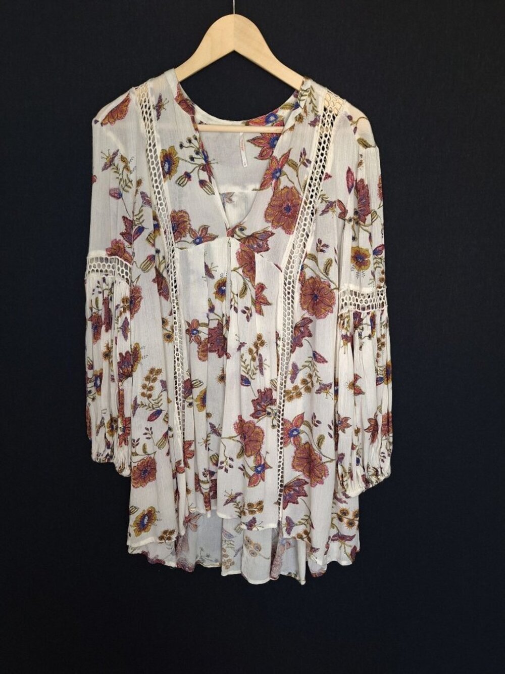 💙 Free People Oversized Floral Tunic Dress Size S/M/L Boho Lace Trim Peasant Mi